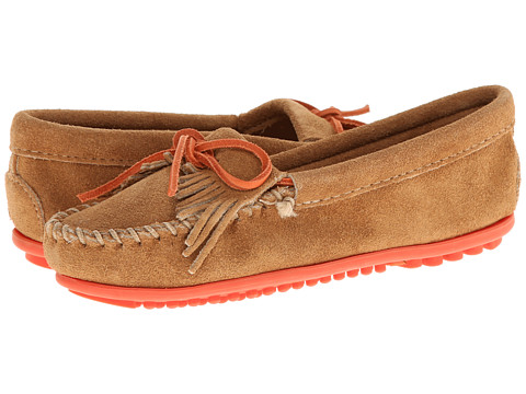 Minnetonka Kilty Moc (Colored Sole & Lace) Taupe Suede/Nectarine
