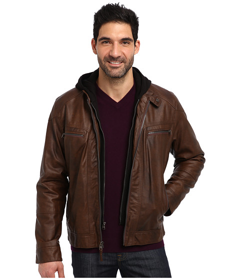 Check Out Cheap Calvin Klein Faux Leather Bomber Jacket w/ Knit Hood CM499139 Brown