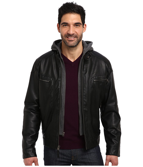 Best review of Calvin Klein Faux Leather Bomber Jacket w/ Knit Hood CM499139 Black