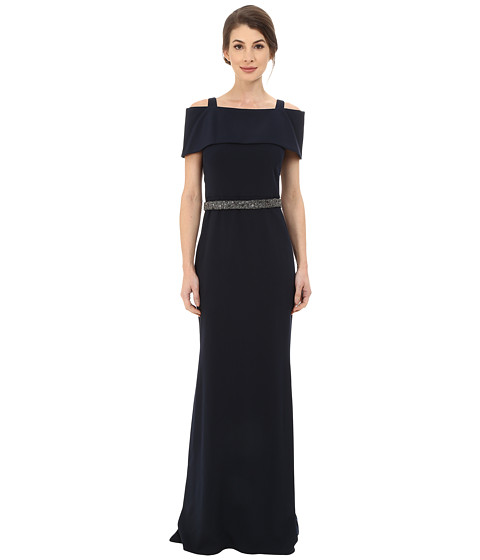 Badgley Mischka Off the Shoulder Wrap Gown with Beaded Waist 