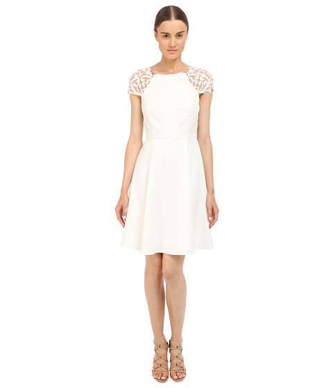 Marchesa Notte Short Sleeve Cocktail Dress w/ Embroidered 
