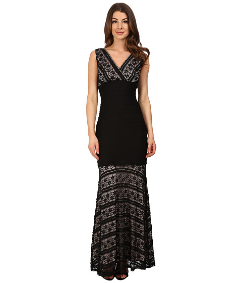 Sangria V-Neck Lace & Shadow Pleat Evening Gown 