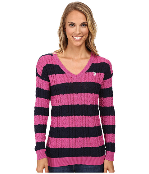 U.S. POLO ASSN. 7 Gage Stripe V-Neck Cable Knit Sweater 