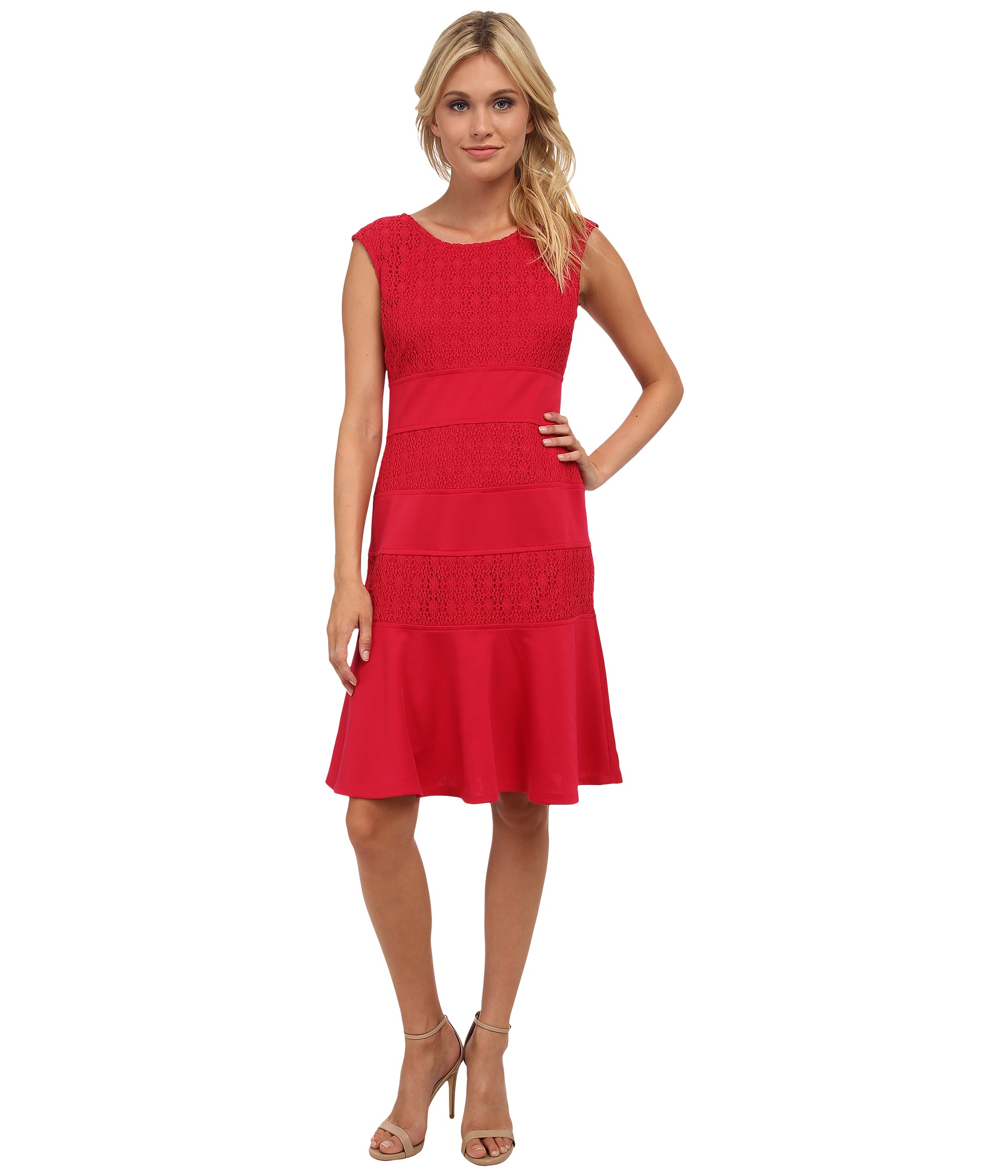 London Times Lace Blocked Fit & Flare Dress